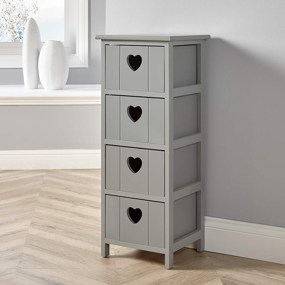 Home Source Chest of Drawers, Wooden Storage Unit Bedroom Organiser Bedside, Love Heart Design, 4 Drawer, Grey