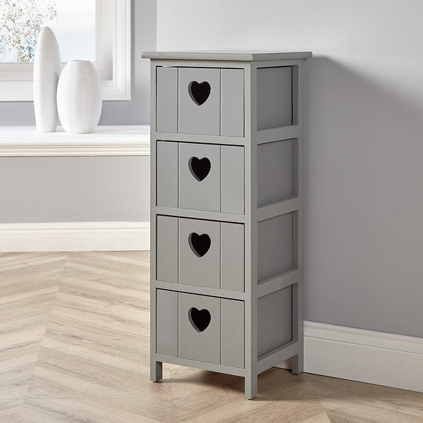 Home Source Chest of Drawers, Wooden Storage Unit Bedroom Organiser Bedside, Love Heart Design, 4 Drawer, Grey