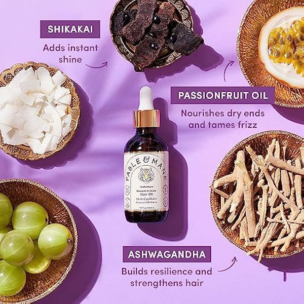 Fable & Mane Smooth & Shine Hair Oil, with UV Heat Protection. Post Wash Oil Reduces Frizz, Adds Instant Shine with Jojoba, Castor Oil and Ashwagandha (55ml)