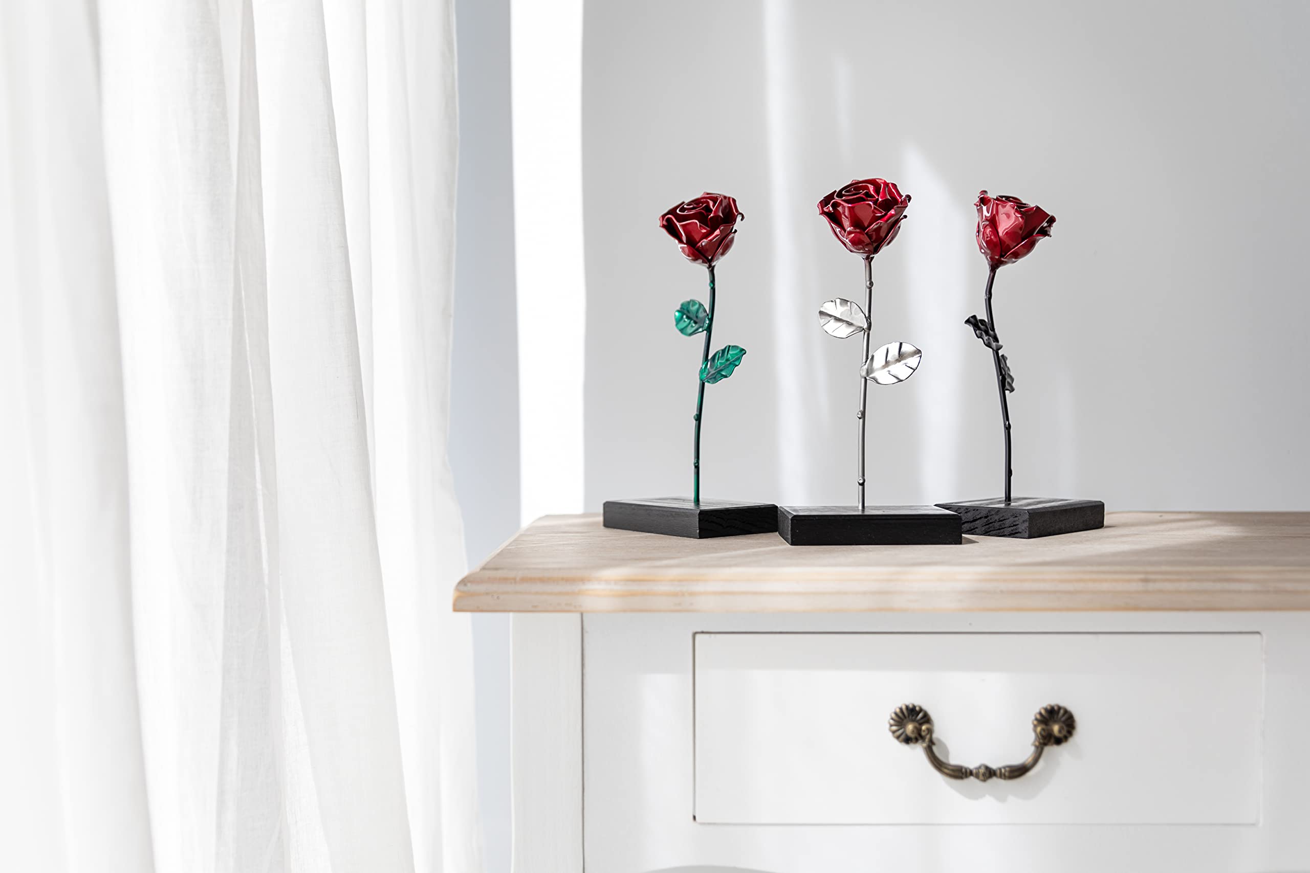 Forging Art Bcn Hand Forged Eternal Wrought Iron Rose with Base - Gift for Valentine's Day, Mother's Day, 6th Year Wedding Anniversary (Red/Silver)