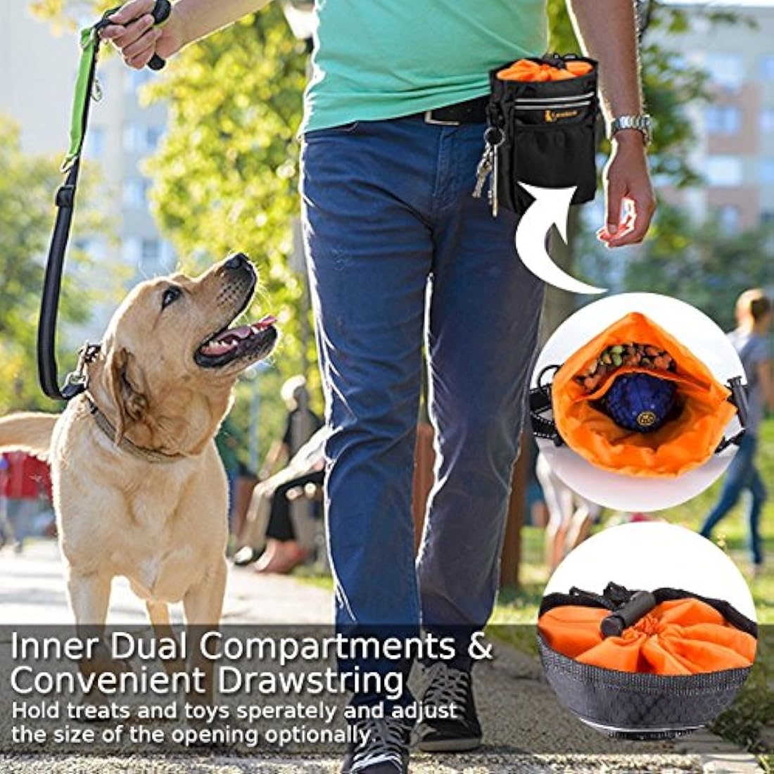 lanktoo Dog Treat Pouch Bag with Poop Bag Holder, Waterproof Puppy Training Walking Bag W/Shoulder Strap, Waist Belt and Clip, Easily Carrying Dog Toys, Food (Black+Orange)