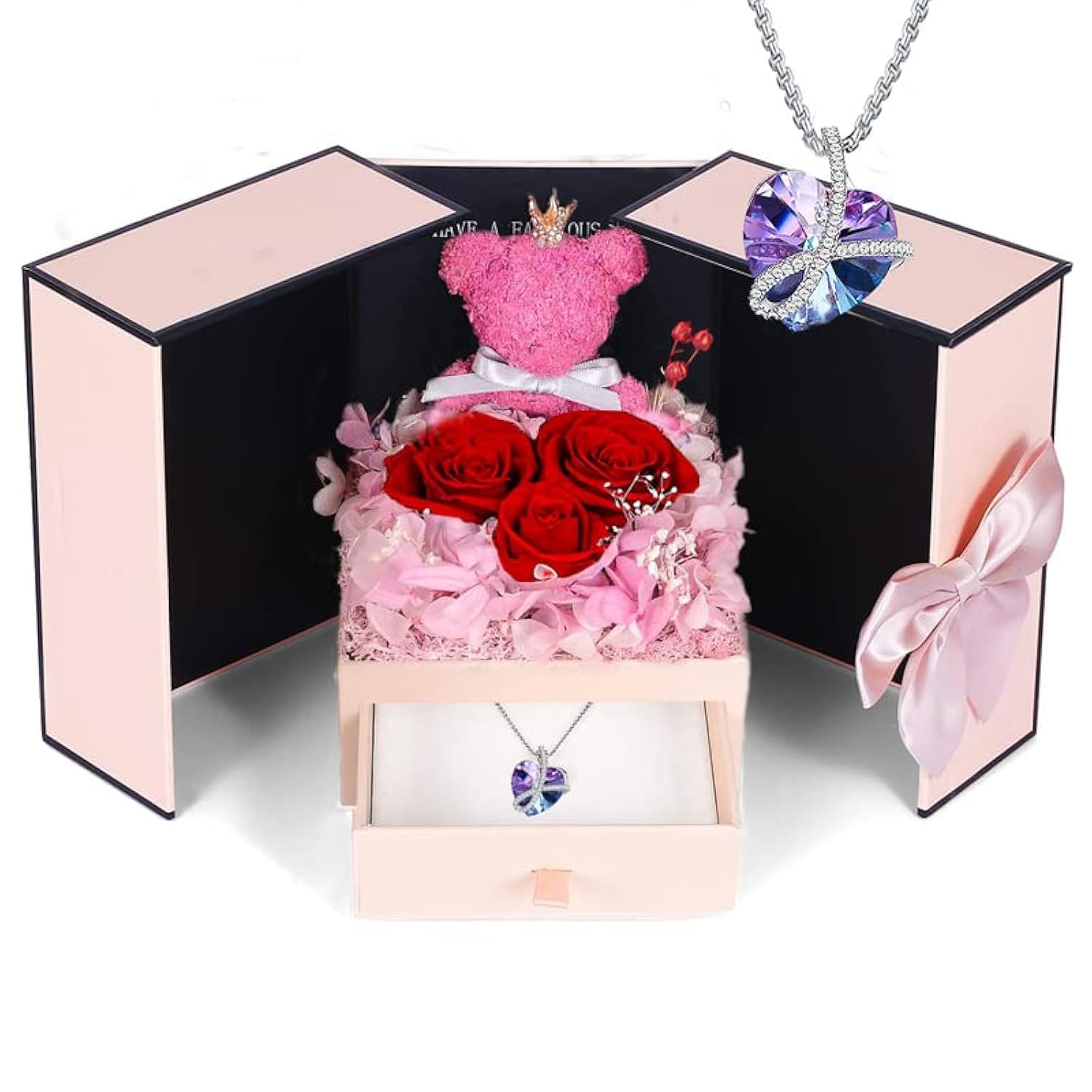 Firestyle Preserved Red Rose Moss Bear with Purple heart crystal necklace, Gifts for Women,Girlfriend,Wife,Mum,Gifts for her on Birthday, Anniversary,