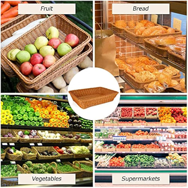 GOYADA 3PCS Rectangular Dark Brown Polypropylene Woven Baskets, 40x30x8cm Handmade Wicker Storage Baskets for Kitchen, Dining Room, Decoration