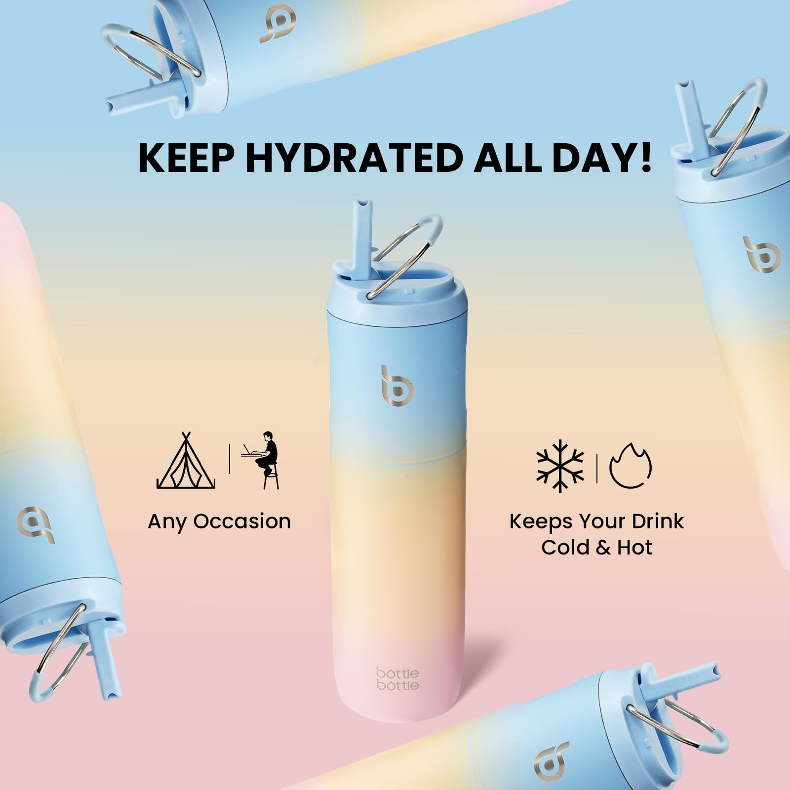 Insulated Water Bottle 700ml(24oz) with Straw, Lid, and Handle - Stainless Steel Sports Travel Gym Bottle for Men and Women (Skiing)