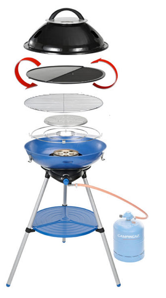 Campingaz Party Grill 400 CV, Camping Stove and Grill, All-in-One Portable Camping BBQ, with Griddle, Grid and Pan Support, Lid Doubles as Wok, Blue