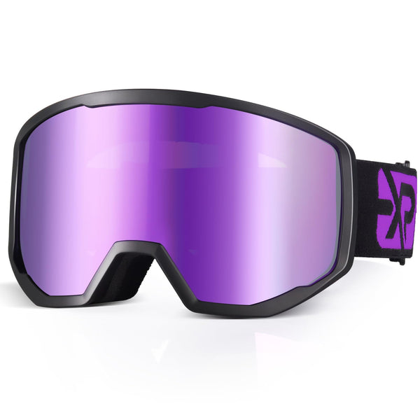 EXP VISION Ski Goggles, Anti fog Snow Snowboard Goggle OTG Dual lens with 100% UV400 Protection for Men Women (Black Frame-Purple)