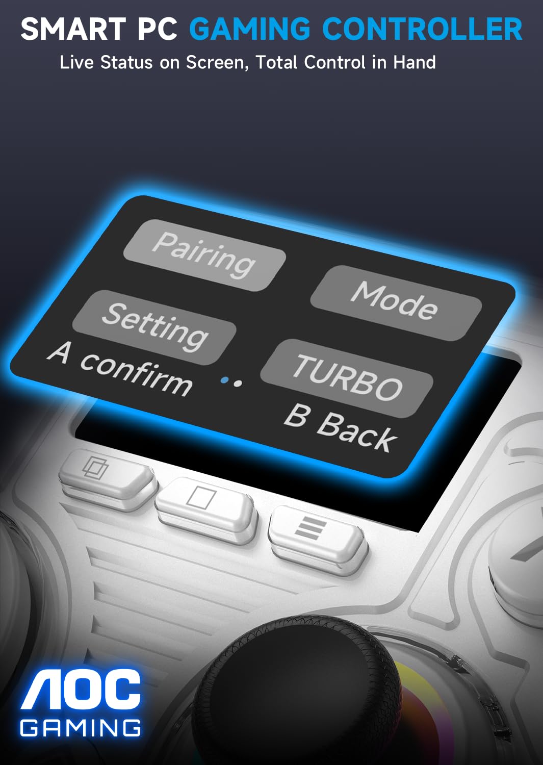 AOC Wireless Gaming Controller for PC/Switch/iOS/Android/PS4, Interactive Screen, Hall Effect Stick & Dual-Mode Trigger, RGB Lighting, Customizable Buttons, Bluetooth/2.4G/Wired (White)