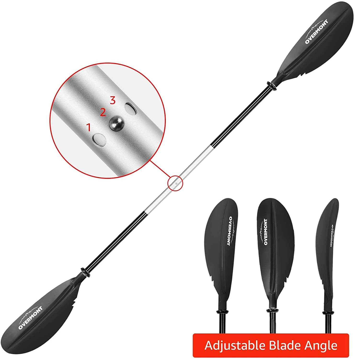OVERMONT Aluminum Kayak Paddle 230cm/90.5in with Paddle Leash Lightweight Adjustable Portable Detachable Paddles Oars for Inflatable Boat Kayak
