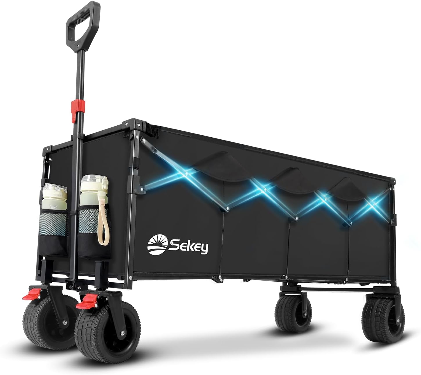 Sekey 400L Folding Beach Trolley, 440lbs Weight Capacity Heavy Duty Collapsible Festival Wagon Cart with Big All-Terrain Wide Wheels & Drink Holders, Foldable Outdoor Wagon for Garden Camping, Black