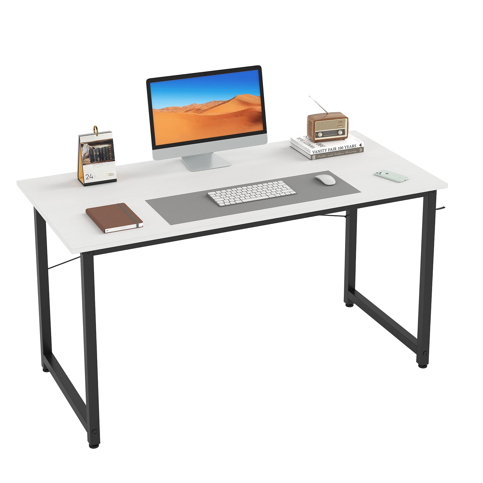 Flrrtenv 100cm Computer Desk, Small White Office Desk with Sturdy Metal Frame and X-Shaped Design, Gaming Desk for Home, Modern White