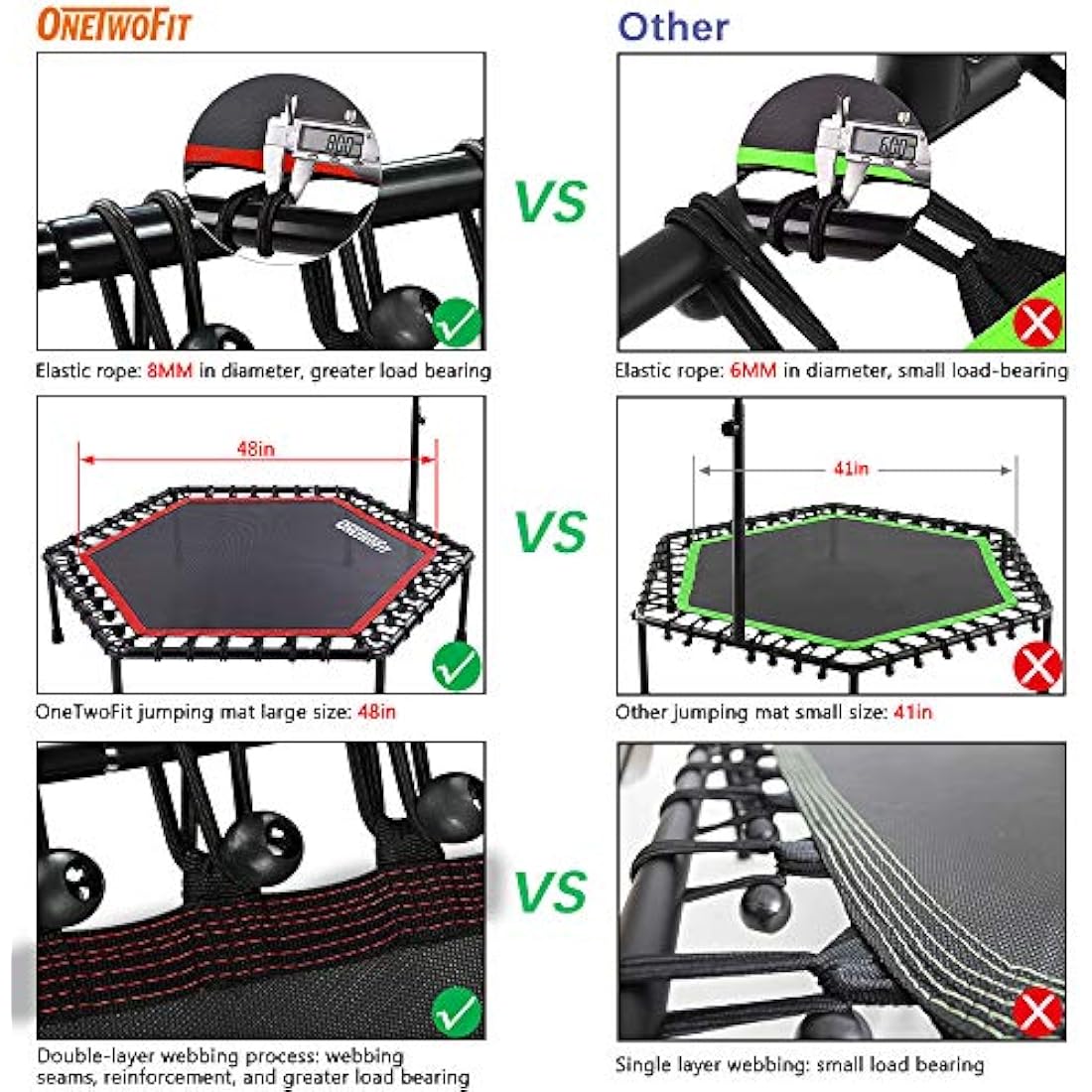 ONETWOFIT 45"/48"/51" Silent Mini Fitness Trampoline with Adjustable Handle Bar Fitness Trampoline Bungee Rebounder Jumping Cardio Trainer Workout for Adults or Kids