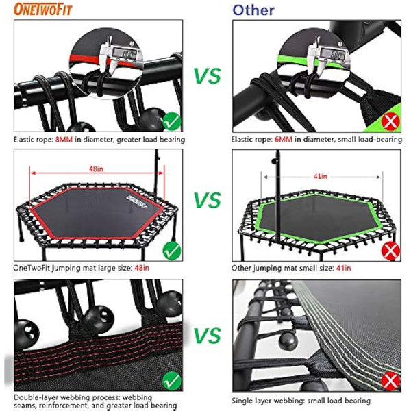 ONETWOFIT 45"/48"/51" Silent Mini Fitness Trampoline with Adjustable Handle Bar Fitness Trampoline Bungee Rebounder Jumping Cardio Trainer Workout for Adults or Kids