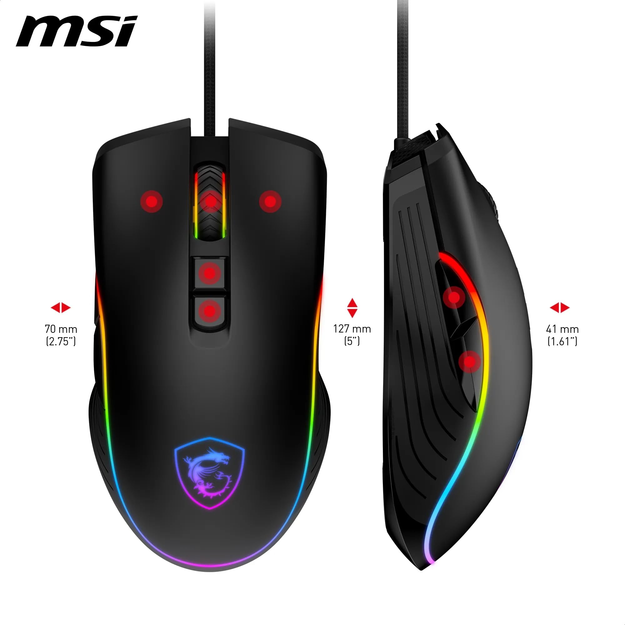 MSI CLUTCH GM51 LIGHTWEIGHT Gaming Mouse - 26000 DPI Optical Sensor, Elite 0.125ms Latency, 60M+ Click OMRON Switches, 6-Buttons, FriXionFree Cable, RGB Diamond LightGrips, 75g - Wired