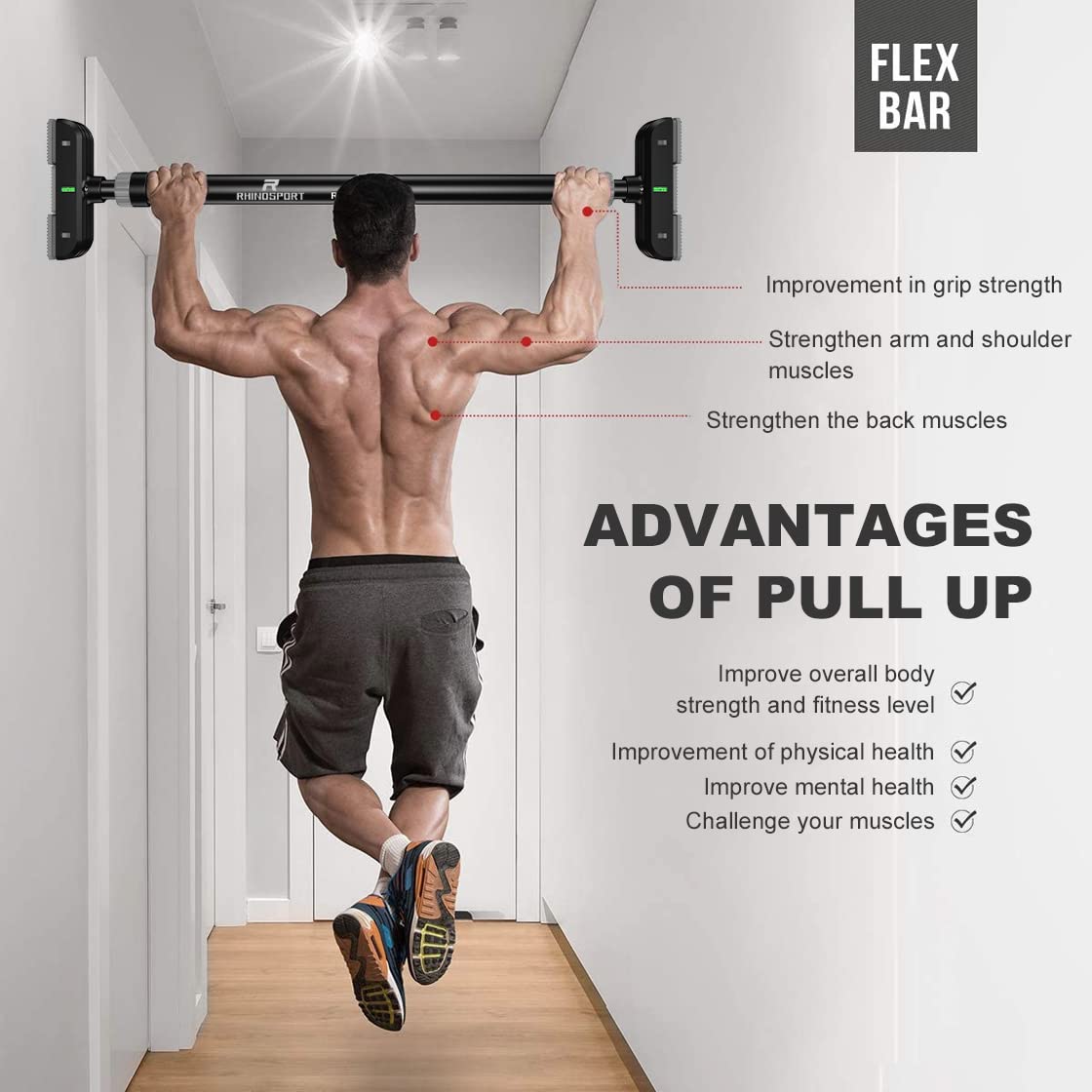 RHINOSPORT Door Pull Up Bar Doorway Chin Up Bar from 72-95 cm (28.3in-37.4in) Workout Equipment No Screws