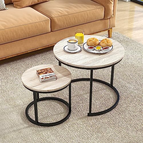 HOJINLINERO Round Coffee Table Nesting Table Set of 2,Small Coffee Table Living Room,Black Metal Frame with Wood Sofa Table,Sturdy and Easy