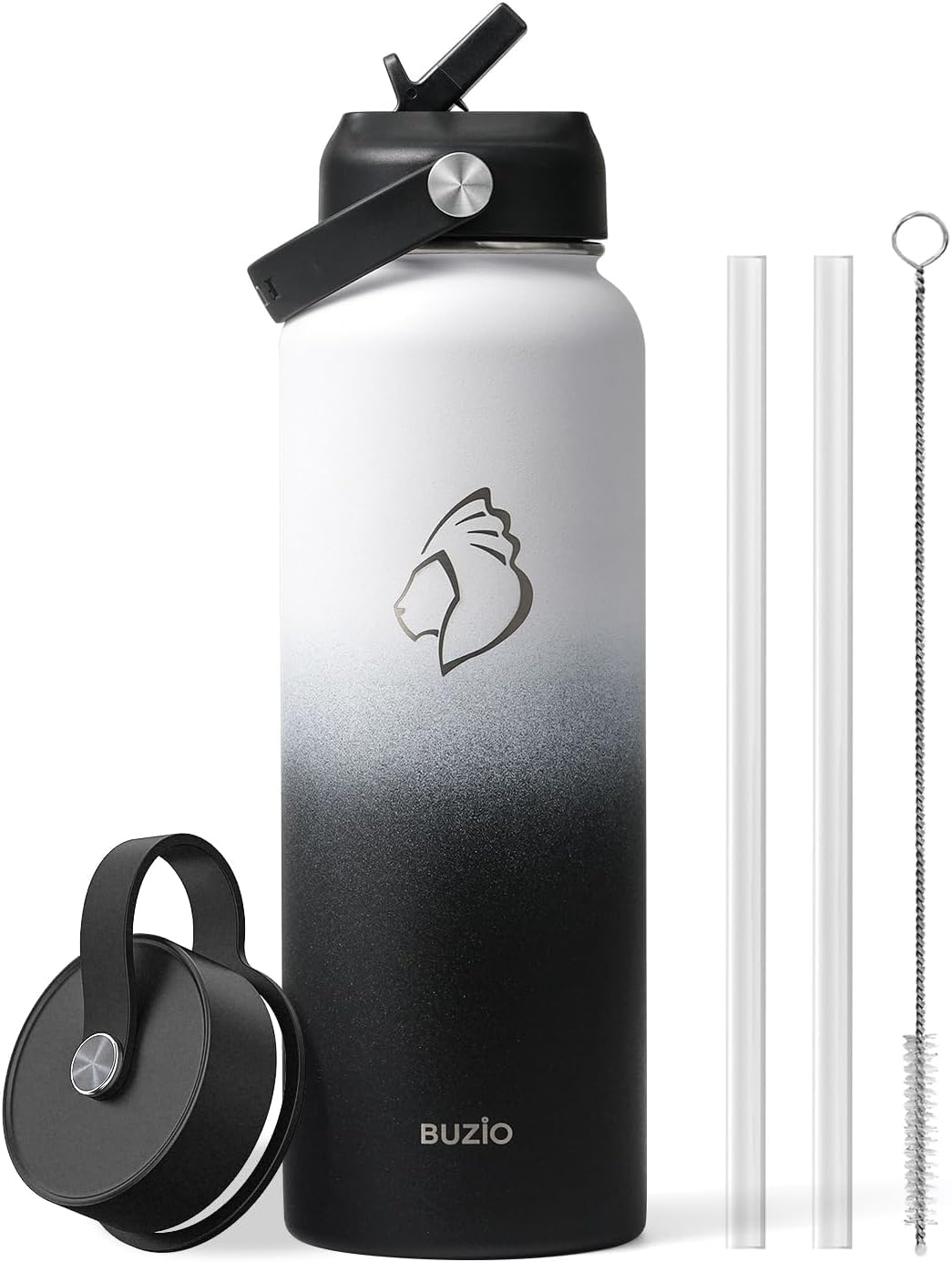 Stainless Steel Water Bottle 2L, BUZIO Vacuum Insulated Water Bottle with Straw Lid and Flex Cap Cold for 48 Hrs, Hot for 24 Hrs Double Wall Wide Mouth BPA Free Leak Proof, Black