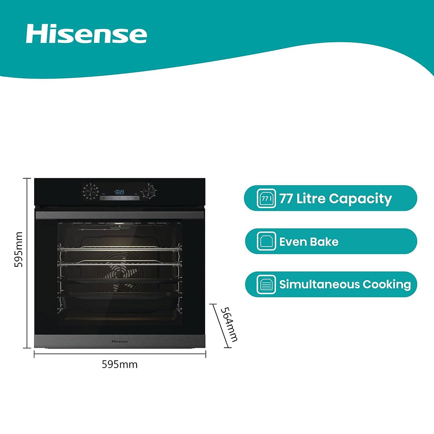 Hisense BI64211PB 77 Litre Built In Electric Single Oven With Pyrolytic Cleaning, Pizza Mode, Multiphase Cooking- Black 22x23x23 inches (LxWxH) - A+ Rated, Extra Large