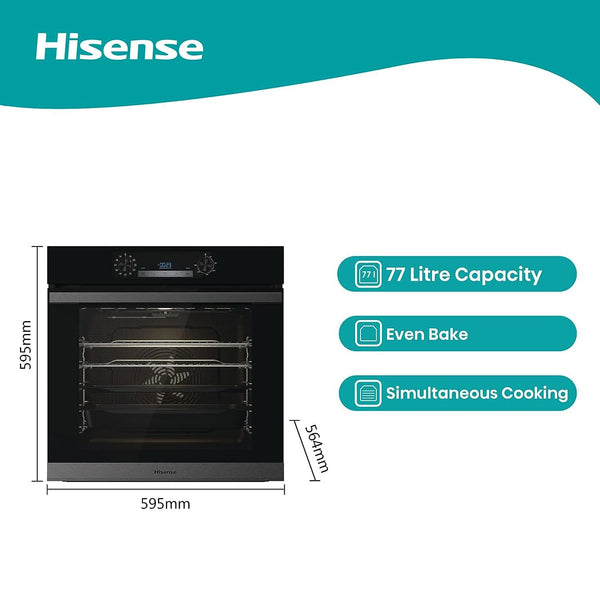 Hisense BI64211PB 77 Litre Built In Electric Single Oven With Pyrolytic Cleaning, Pizza Mode, Multiphase Cooking- Black 22x23x23 inches (LxWxH) - A+ Rated, Extra Large