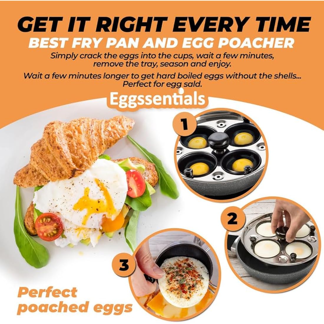 Eggssentials 2 IN 1 Egg Pan & Poacher, Granite Nonstick Fry Pan with Lid, Poached Egg Maker - 4 Cups