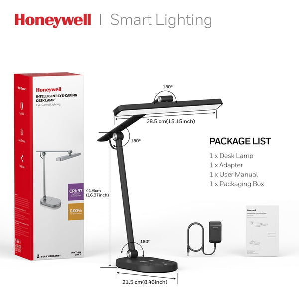 Honeywell LED Desk Lamp for Home Office - H4 Sunturalux™ Eye-Caring Desk Light, 14W Dimmable Table Lamp with 3 Color Modes, 5 Brightness Levels, Auto-Dimming, Timer, Touch Control Reading Lamp, White