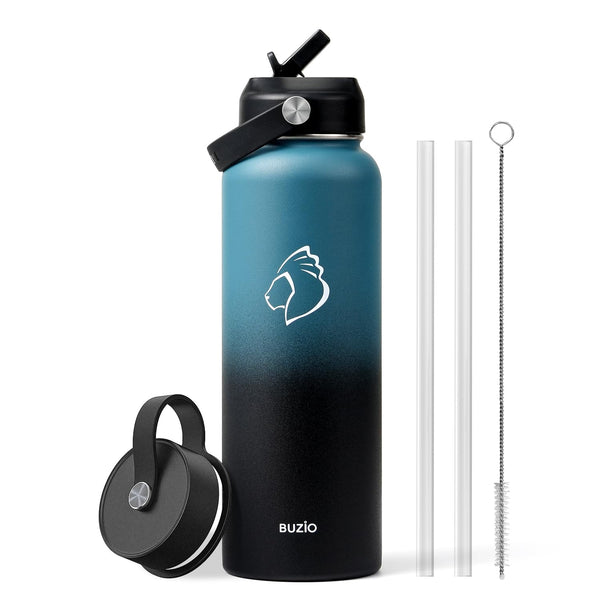 Stainless Steel Water Bottle 2L, BUZIO Vacuum Insulated Water Bottle with Straw Lid and Flex Cap Cold for 48 Hrs, Hot for 24 Hrs Double Wall Wide Mouth BPA Free Leak Proof, Black