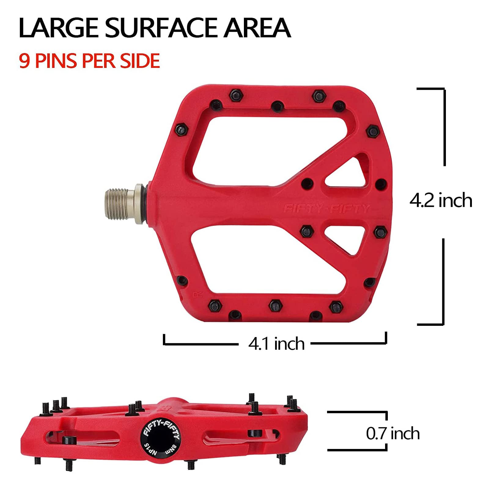 FIFTY-FIFTY Mountain Bike Pedals, Non-Slip MTB Nylon Composite, 9/16" Bicycle Pedals, Lightweight and Wide Flat Platform (Red)