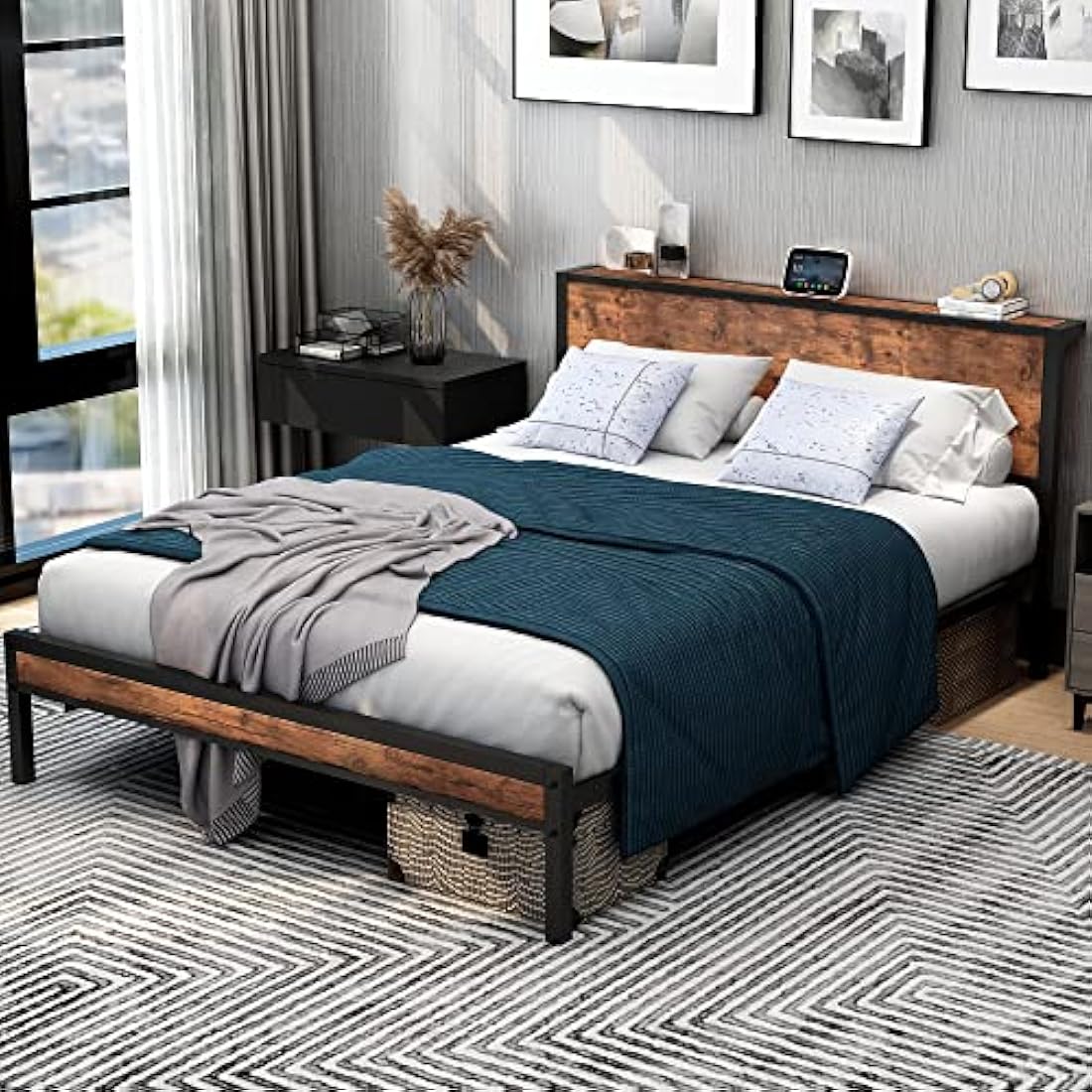 DUMEE King Size Bed Frame with Storage Wooden Headboard, Metal Bed Frame Kingsize Bed Base/Mattress Foundation, Enhanced Support Noise Free, Textured Black+Brown Oak