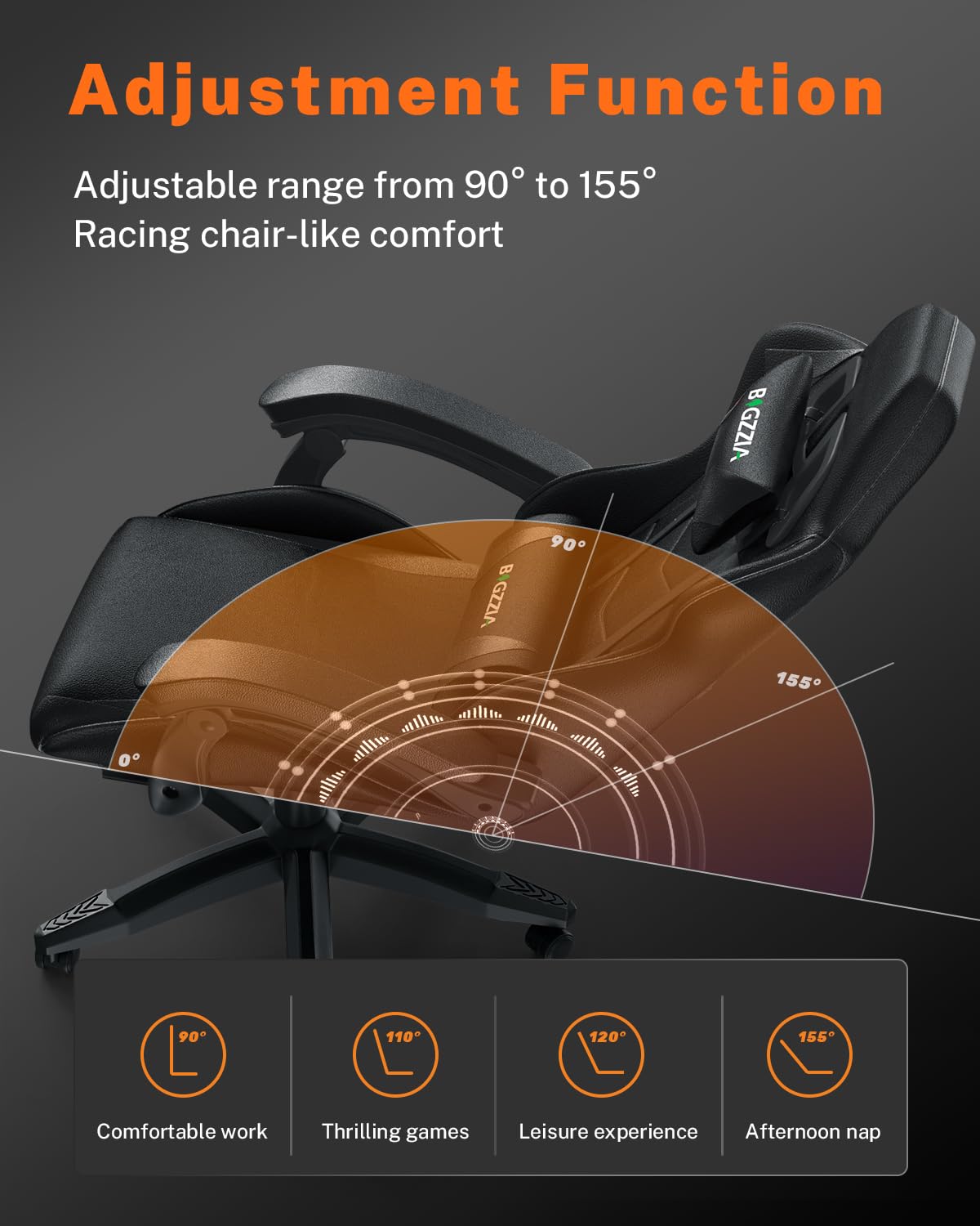 bigzzia RGB Gaming Chair with LED Lights and Ergonomic Computer Chair Reclining PU Leather High Back Video Game Chair with Headrest Adjustable Lumbar Support Linkage Armrest for Adults (Black/Grey)