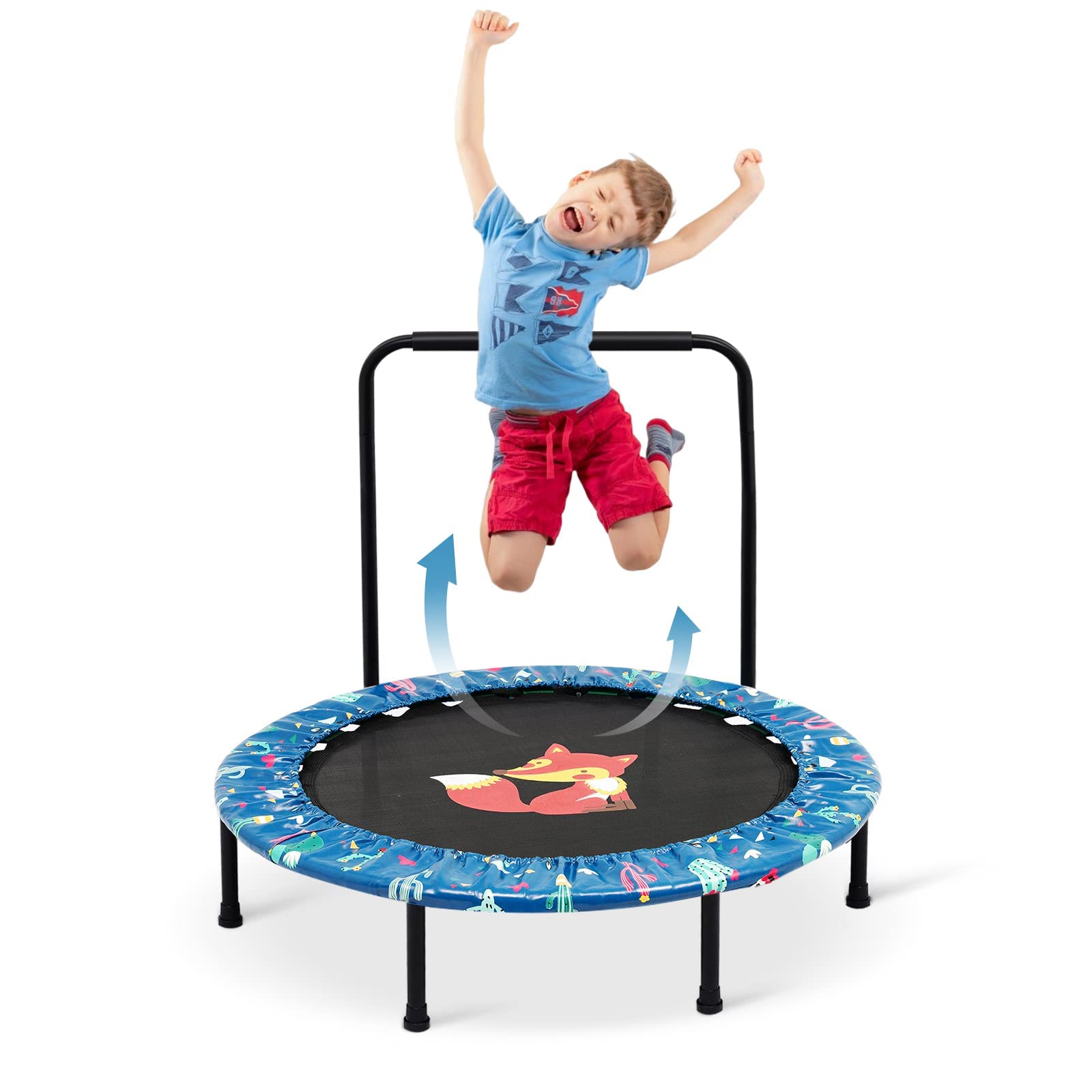 38'' Kids Mini Trampoline Foldable Fitness Body Exercise Rebounder with Foam Handle Safety Padded Cover Round Trampoline Folding Bungee Indoor Outdoor
