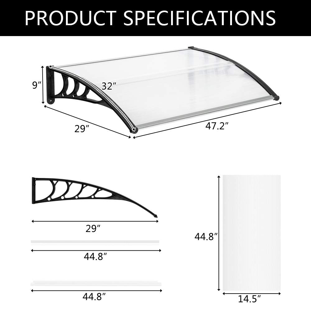 Outopee Door Canopy Awning, 120 x 80 cm Window Garden Front Door Canopy for Outdoor Shelter, Window Porch Shade, Patio Roof Cover, Black