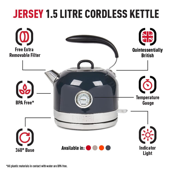 Haden Jersey Blue Electric Kette - 1.5l Capacity, 3000w Rapid Boil Kettle, 360 Swivel Base, Ergonomic Handle, Bpa-free Stainless Steel Kettle -