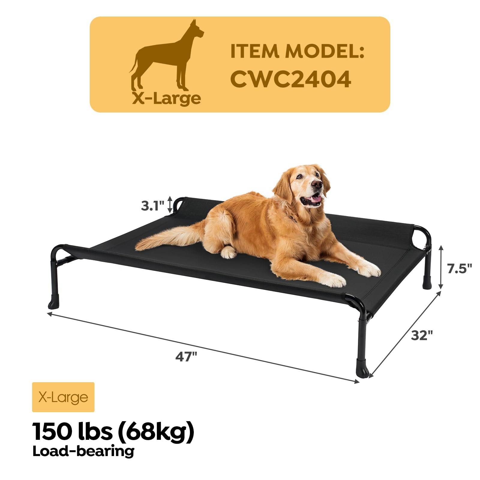 Veehoo Raised Dog Bed, Cooling Elevated Dog Bed for Large Dogs, Black, 119 x 81 x 19 cm (L x W x H), Rectangular, Guardrail, Sloped Headrest, Sturdy Frame Construction, Teslin Mesh