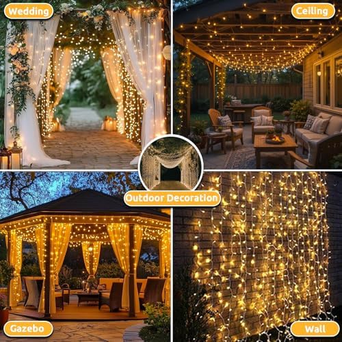 Dekofun 2 Pack 600 LED Curtain Fairy Lights 6m x 3m Gazebo Lights Mains Powered, 8 Modes Curtain LightsOutdoor, Waterproof Fairy Light, Indoor Outdoor String Lights for Wedding Ramadan Decorations