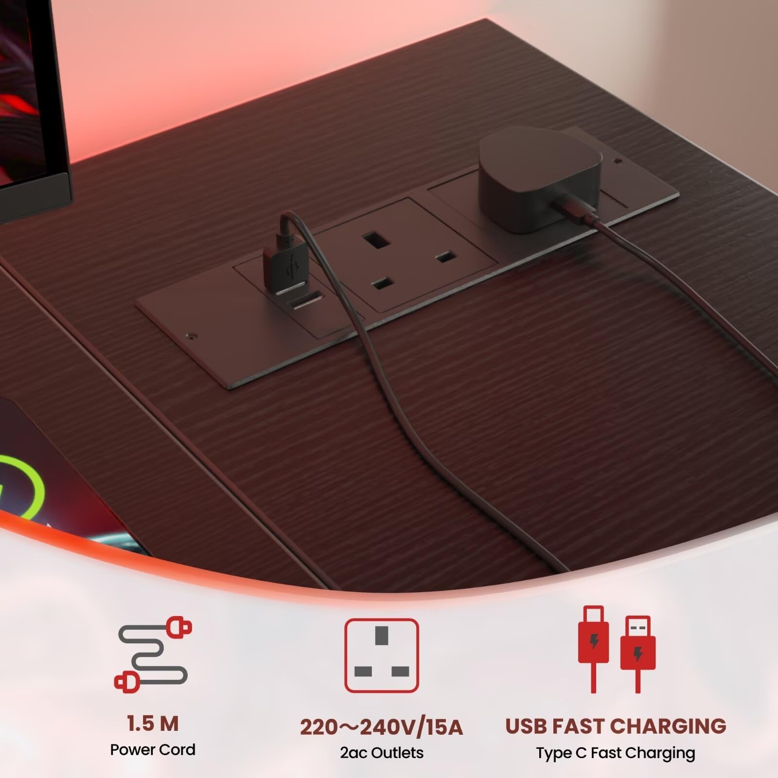 DOMSHOCT L Shaped Gaming Desk with Power Outlets, 120x70cm Corner Computer Desk with Large Reversible Shelves, Home Office Desk with Hooks for Writing