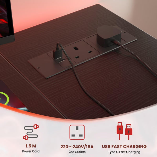 DOMSHOCT L Shaped Gaming Desk with Power Outlets, 120x70cm Corner Computer Desk with Large Reversible Shelves, Home Office Desk with Hooks for Writing