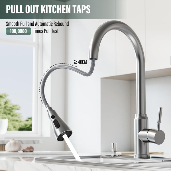 ModHm Pull-Out Kitchen Taps, Brushed Steel Single Handle High-Arc with Hot/Cold Dual Hose Kitchen Mixer Tap, Countertop 360° Swivel Dual Spray Modes Faucet, Easy Installation with Fittings Included