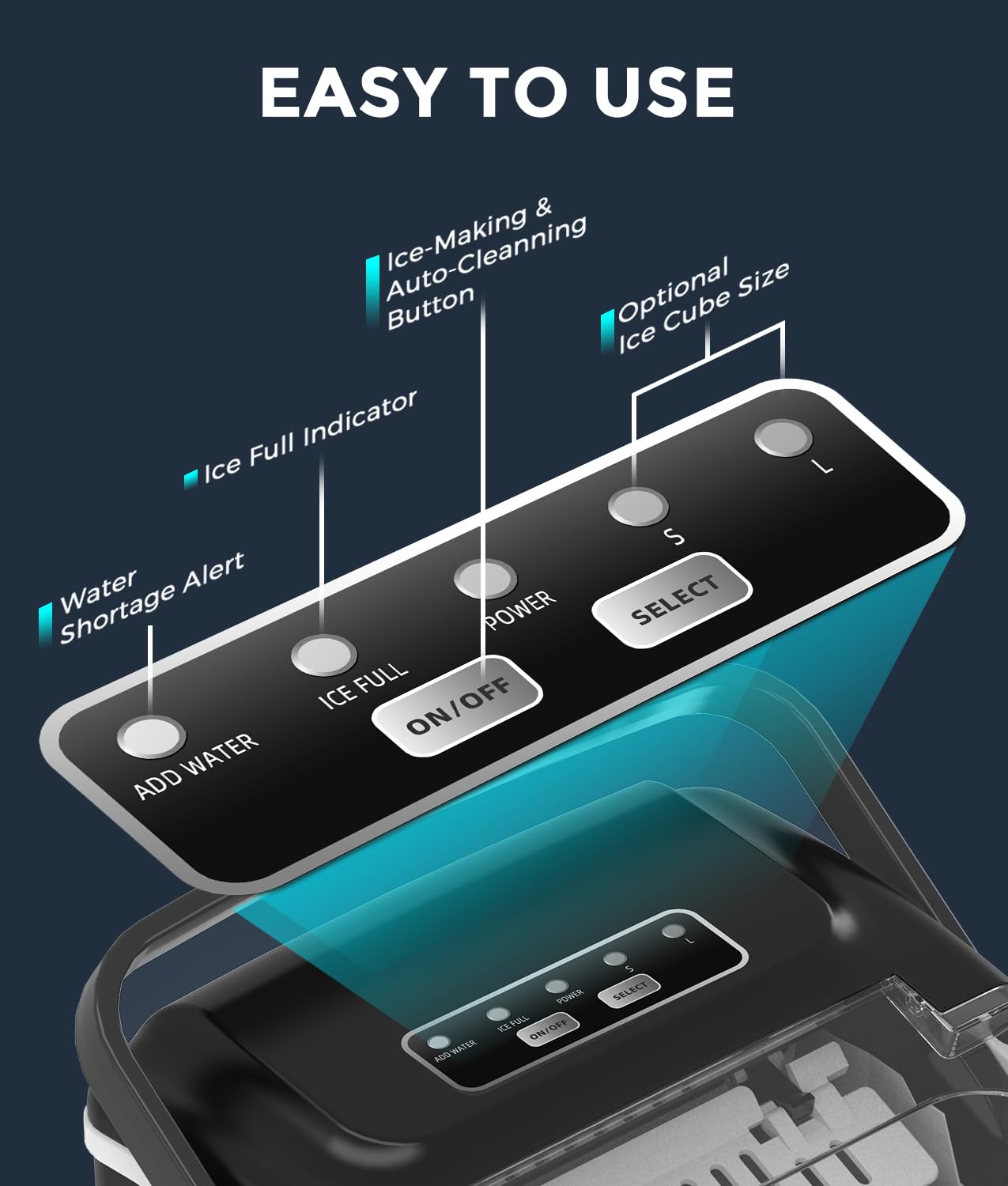 ecozy Ice Maker Machine, Portable Ice Machine, 9 Ice Cubes in 6 Mins, 12KG in 24Hrs, 2 Sizes of Ice, Self-Cleaning Ice Cube Maker, Countertop Ice Maker for Home/Office/Kitchen/Bar