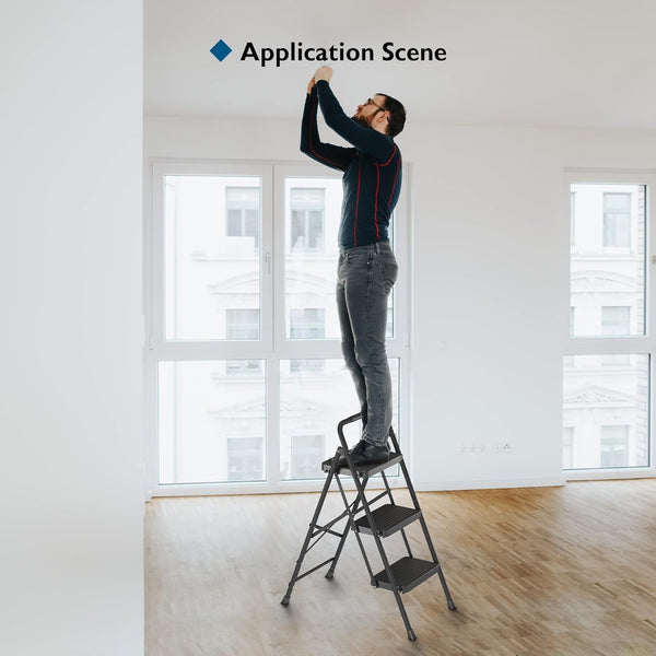 BONTEC 2 Step Ladder, Capacity 150KG with Wide Anti-Slip Pedals, Folding Steel Step Stool, Sponge Handlebar, Lightweight Portable Ladder Suitable for Home, Kitchen, Pantry, Indoor/Outdoor Use, Black