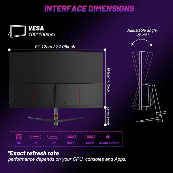 34 Inch Curved Monitor 1500R, 3440 * 1440 165Hz Gaming Monitor with FreeSync, Wide Viewing Angle, Display Port HDMI - Black