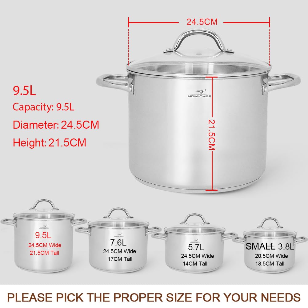 HOMICHEF Stock Pot 24.5 cm 9.5 Litre with Glass Lid - Nickel Free Stainless Steel 9.5 Litre Pot with Handle - Mirror Polished Stock Pot 9.5 Litre -