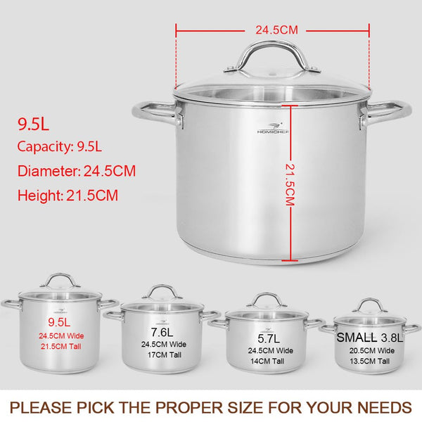 HOMICHEF Stock Pot 24.5 cm 9.5 Litre with Glass Lid - Nickel Free Stainless Steel 9.5 Litre Pot with Handle - Mirror Polished Stock Pot 9.5 Litre -