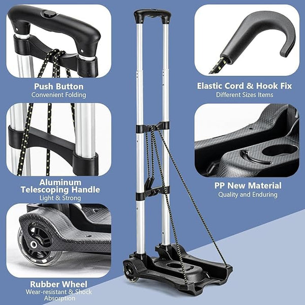 XINGHE Sack barrow, aluminium hand truck, 50 kg/110 lb load capacity, integrated tensioning straps, with retractable handle, large smooth-running wheels with soft tread (Black4)