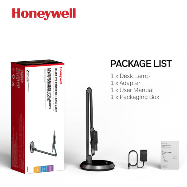 Honeywell LED Desk Lamp for Home Office - H4 Sunturalux™ Eye-Caring Desk Light, 14W Dimmable Table Lamp with 3 Color Modes, 5 Brightness Levels, Auto-Dimming, Timer, Touch Control Reading Lamp, White