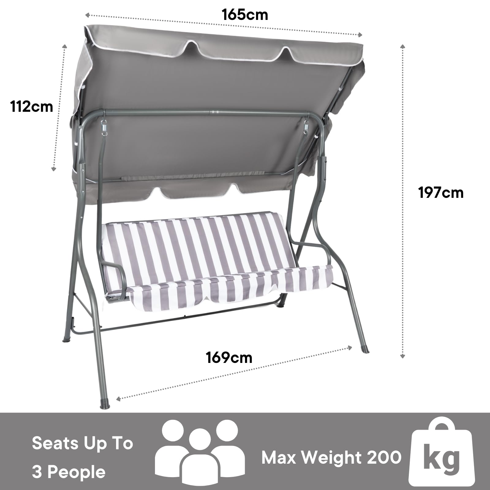 OHS Garden Swing Bench, 3 Seater Swing Seat Outdoor with Adjustable Canopy & Cushioned Seats Relaxing Comfy Outdoor Patio Hammock Bench, Grey/White Stripe