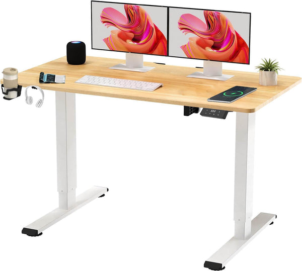 SANODESK QS1+140 * 60 Electric Standing Desk Height Adjustable Standing Desk With Memory Smart Panel Sit Stand Table With Hooks and Cupholder for Home Office （Black Frame+ Black Desktop）