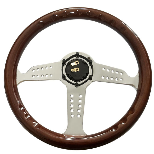 Hiracing 14" Universal Classic Wood Grain Steering Wheel Brushed 3 Spoke 1.5 Depth Steering Wheel with Horn Button 6 bolts (010)
