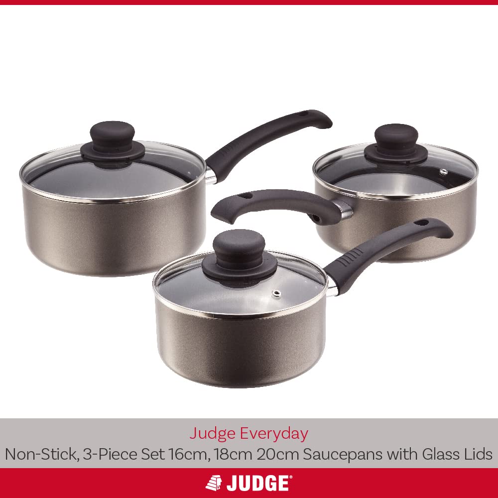 Judge Everyday Set of Pans, Non-Stick, 3-Piece Set 16cm, 18cm 20cm Saucepans with Glass Lids - 5 Year Guarantee