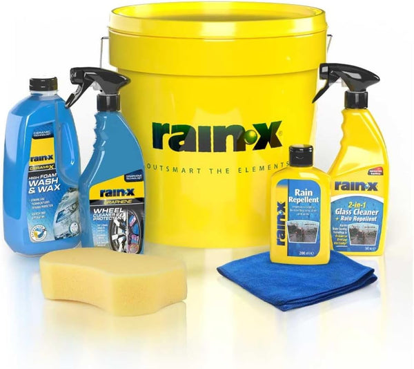 Rain-X Car Cleaning Bucket Kit - Glass Cleaner, High-Foam Wash & Wax Shampoo, Graphene Wheel Cleaner, Rain Repellent - Sponge & Cloth Included