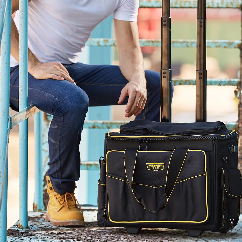 WINNHUNT 46cm Wide Mouth Rolling Tool Bag, 32 Pocket Tool Trolley Bag with Telescopic Handle and 2 Wheels, Black