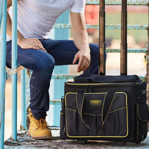 WINNHUNT 46cm Wide Mouth Rolling Tool Bag, 32 Pocket Tool Trolley Bag with Telescopic Handle and 2 Wheels, Black